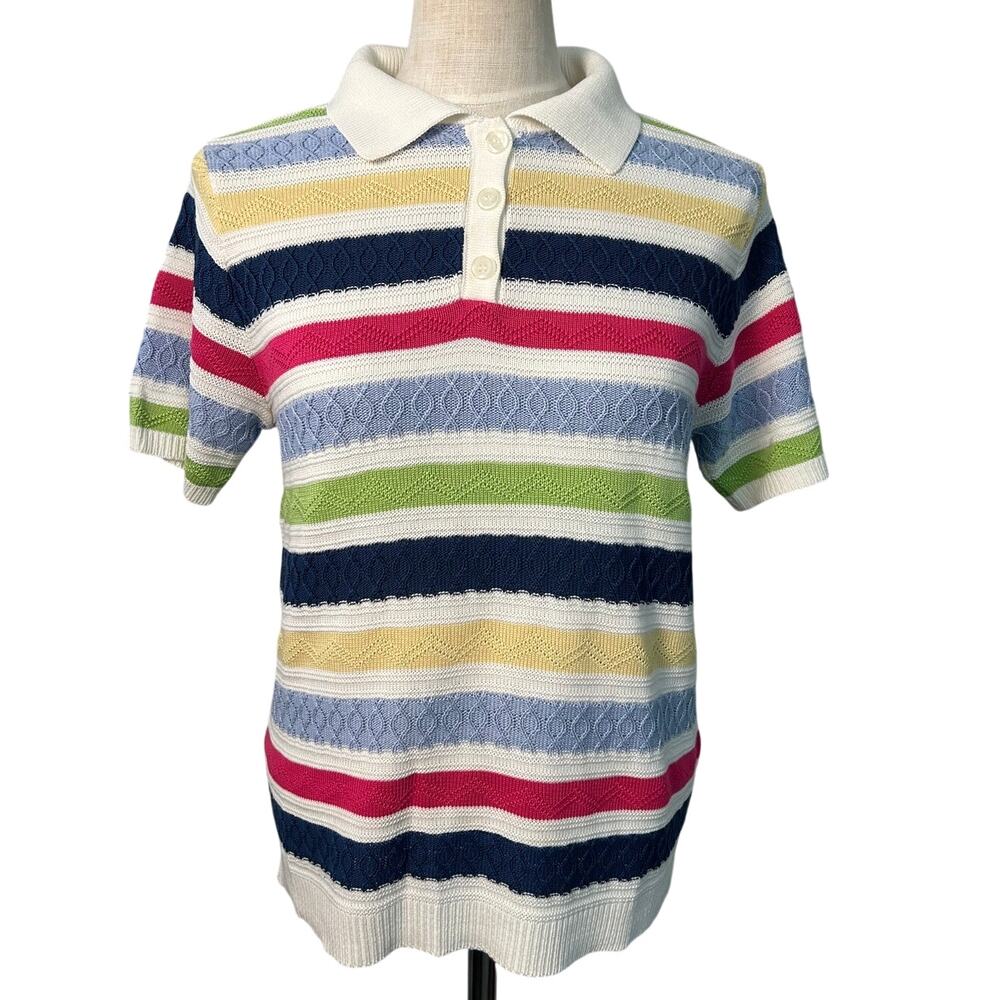 Vintage Alfred Dunner Cable Knit Striped Polo SIZE L Colorful Cottage Textured